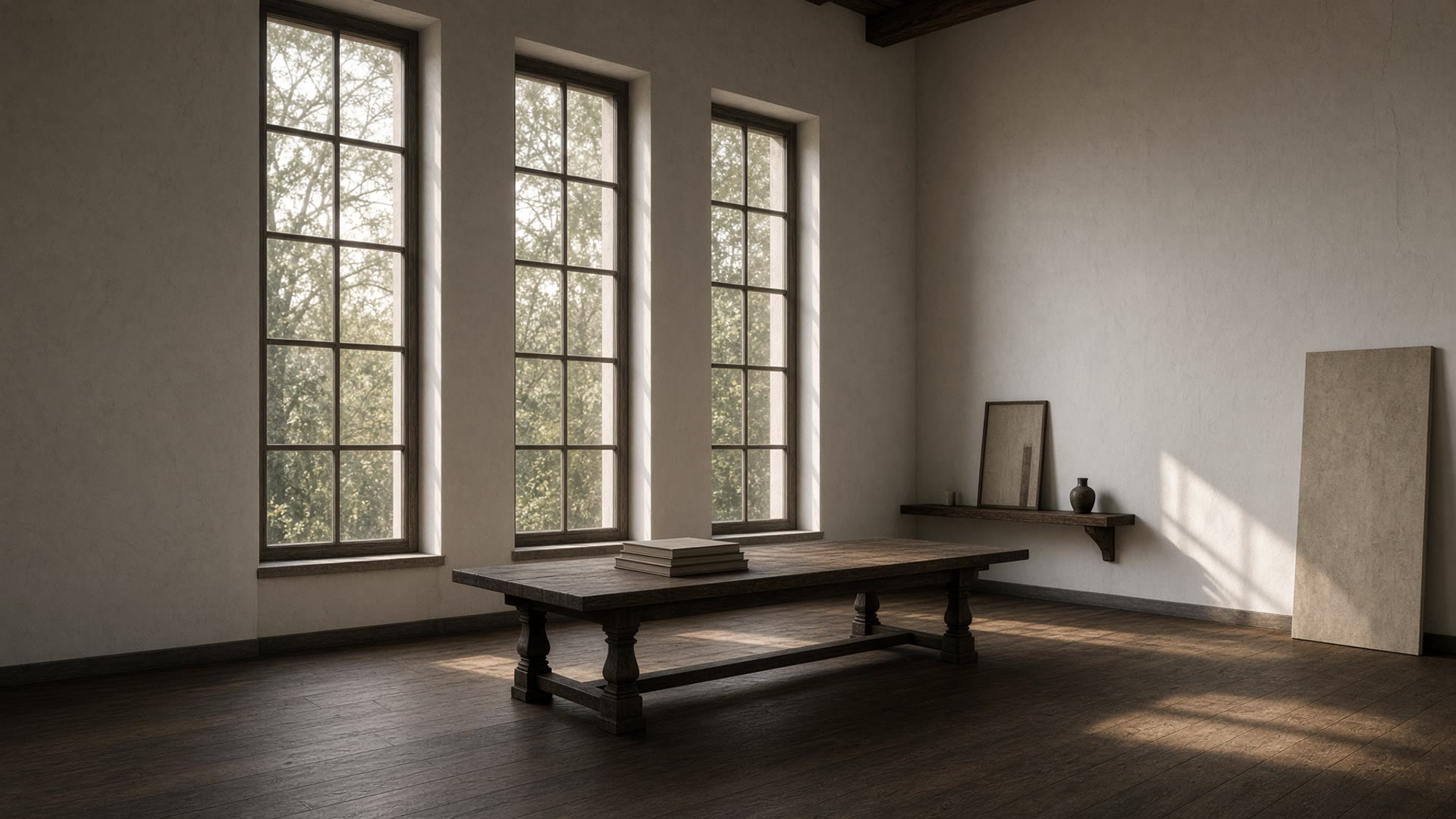 Intérieur de l’atelier : table de travail, lumière du nord, murs de plâtre.