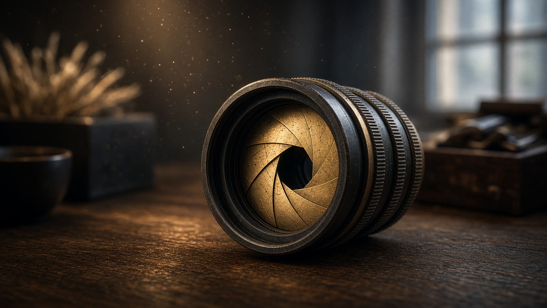 Objectif photographique ouvert, lumière rasante sur une table de noyer.
