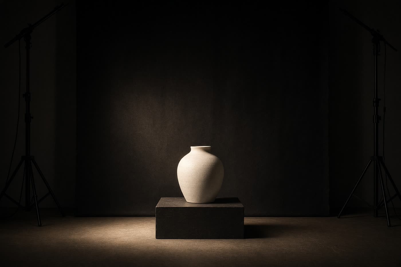 Plateau de studio, un vase sous une lumière unique.