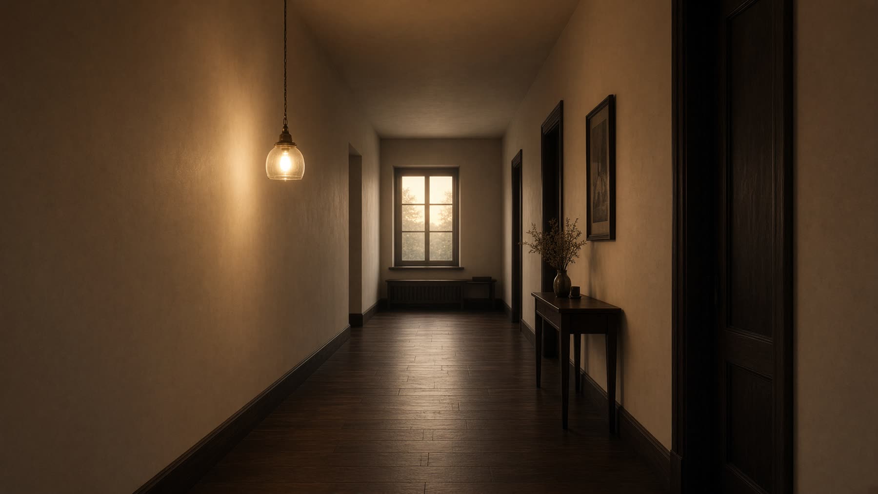 Couloir d’hôtel au crépuscule, une fenêtre lumineuse au fond.