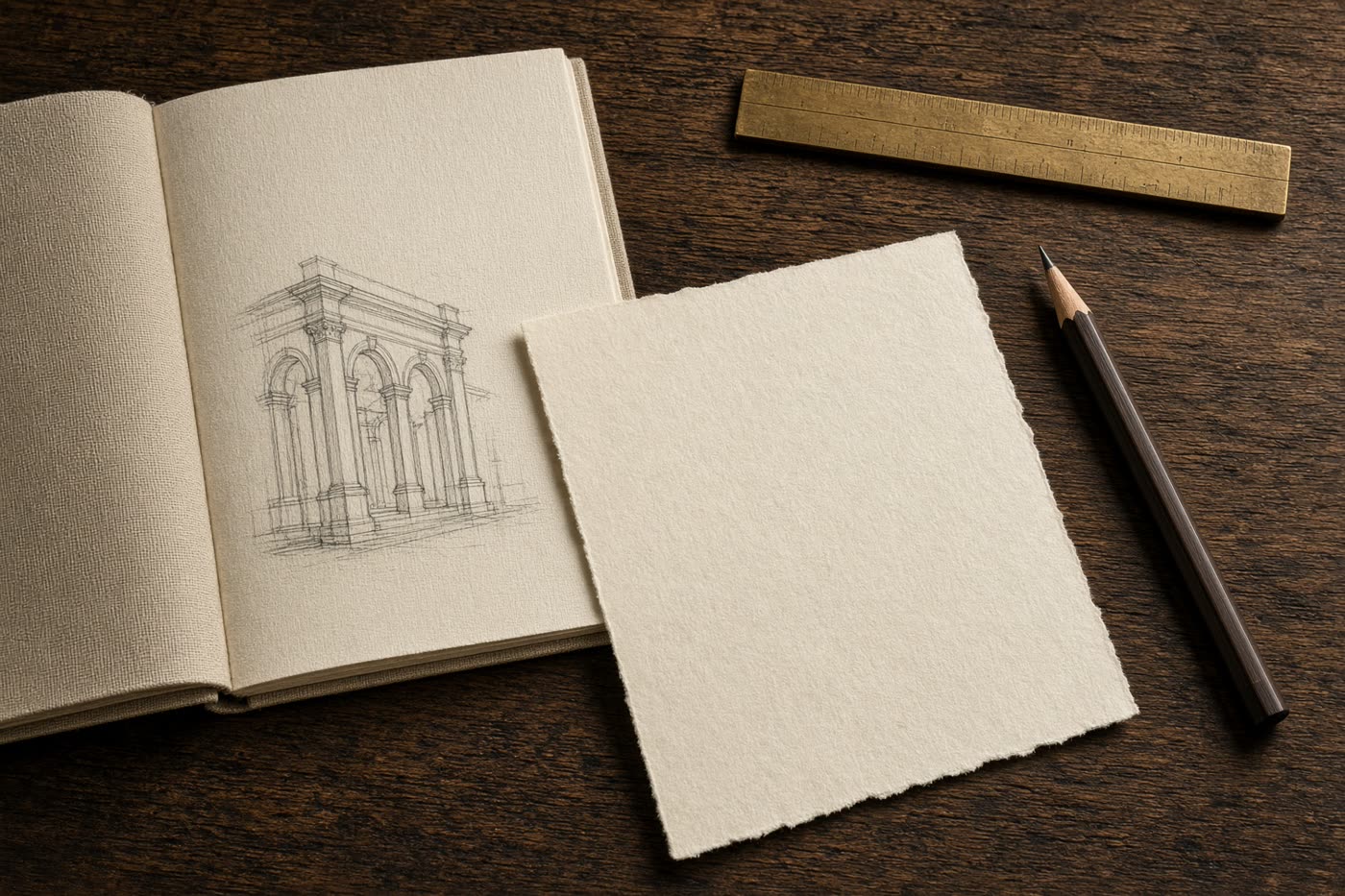Carnet ouvert, règle en laiton et crayon sur du chêne.